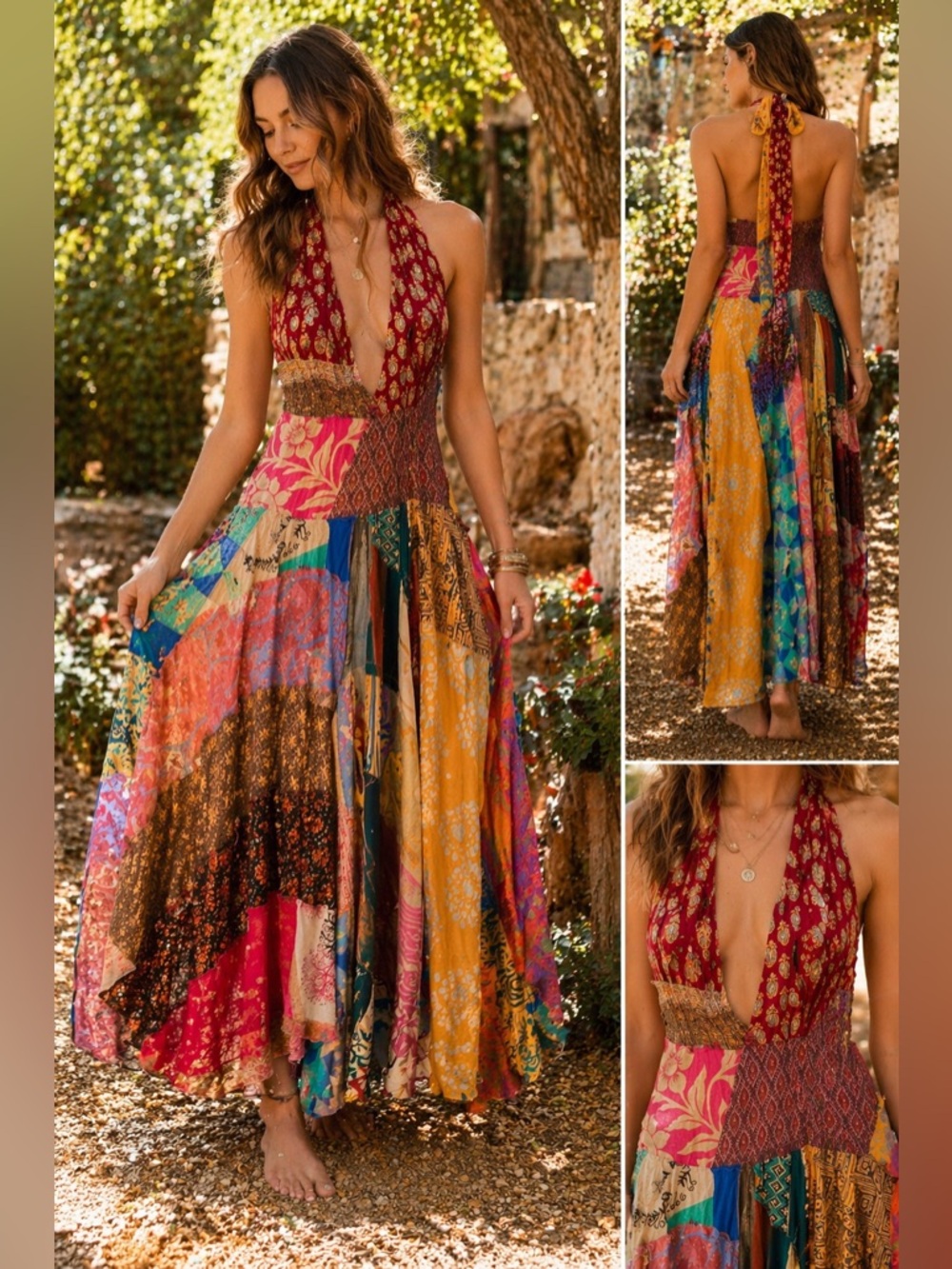 Wayan Patchwork Halter Maxi Dress One Size Boho Festival Colorful Gypsy